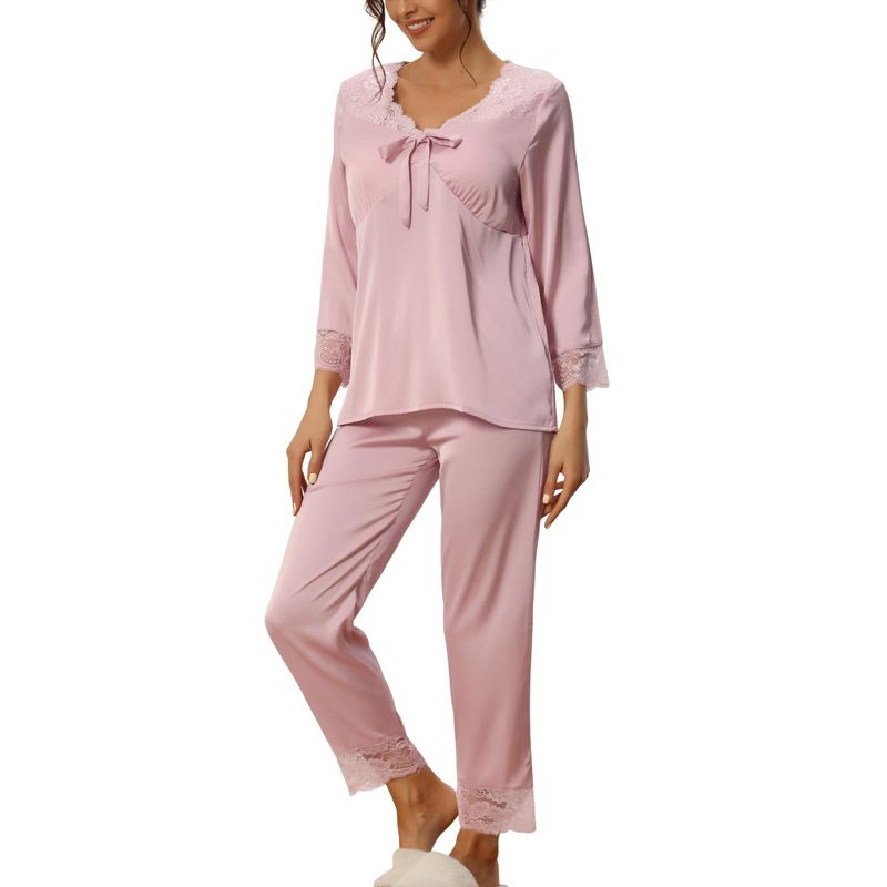 cheibear Womens Loungewear Silky Long Sleeve Top with Pants Pajamas Sets, 1 of 6