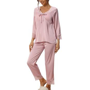 cheibear Womens Loungewear Silky Long Sleeve Top with Pants Pajamas Sets