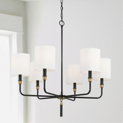 Glossy Black and Aged Brass 6-Light Chandelier with White Shades