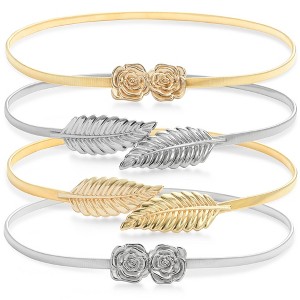 Juvale 4-Pack Fancy Dress Belts for Women, Skinny Stretch Metallic Waist Belts for Dresses, Blouse, Leaf and Rose Designs, Silver and Gold, 27x0.35 In - 1 of 4