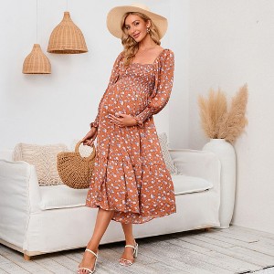 Coolmee Women Boho Floral Smocked Square Neck Lantern Long Sleeve Ruffled A Line Maternity Midi Dress - 1 of 4
