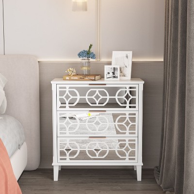 FUFU&GAGA White Three Drawer Nightstand with Mirrored Floral Decorative Top Bedside Table White