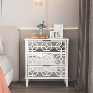 FUFU&GAGA White Three Drawer Nightstand with Mirrored Floral Decorative Top Bedside Table White - 1 of 4