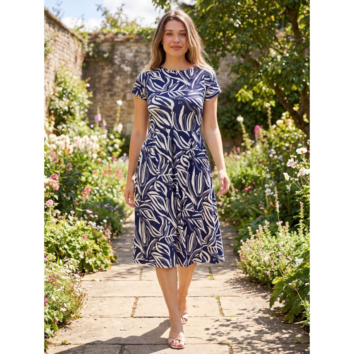 Womens Essential Abstract Print Short Sleeve Boat Neck Pleated Pocket Fit N Flare Midi Dress - 24seven Comfort Apparel™ - thumbnail 5