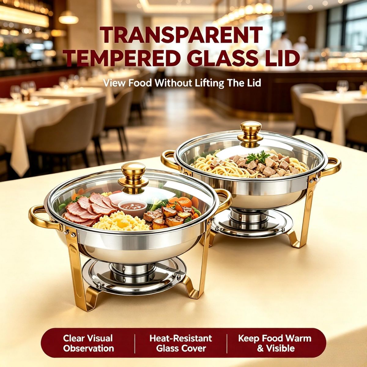 Round Gold Chafing Dish Buffet Set, 5QT Stainless Steel Food Warmer, Commercial Chafing Dish Buffet Warmer 5QT Round Stainless Steel Gold - thumbnail 6