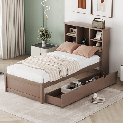 ALEXOUN Twin Size Platform Bed with Storage Headboard,Bed Frame 2 Drawers,Wood Platform Bed Frame for Bedroom, Twin Size Bed Frame for Kids