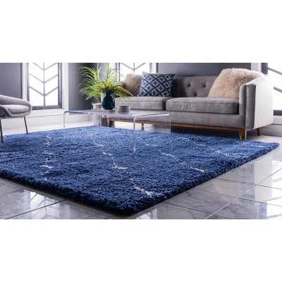 Navy Blue Square Shag Rug with Ivory Trellis Pattern