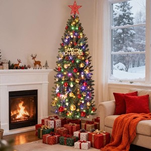 6FT Pre-Lit Artificial Christmas Tree, Slim Artificial Tree with 250 LED Lights and 566 Branches, Xmas Tree For Home Office Party Christmas Decor - 1 of 4