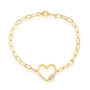 Bella Silver Sterling Silver Heart w/CZ Rod Paperclip Bracelet - Gold Plated - Gold - 7.5 Inch - 1 of 2