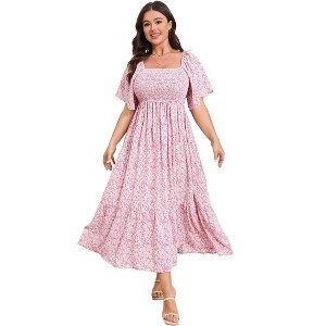 Women's Plus Size Maxi Dress Square Neck Short Sleeve Smocked Flowy Boho Floral Print Casual Summer Wedding Party Dresses - 1 of 4