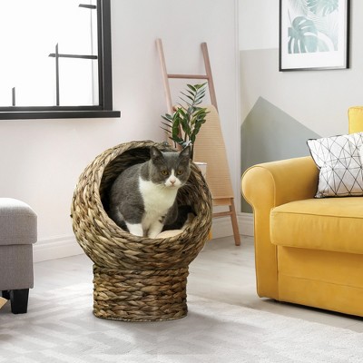 Natural Water Hyacinth Elevated Cat Bed with Cushion