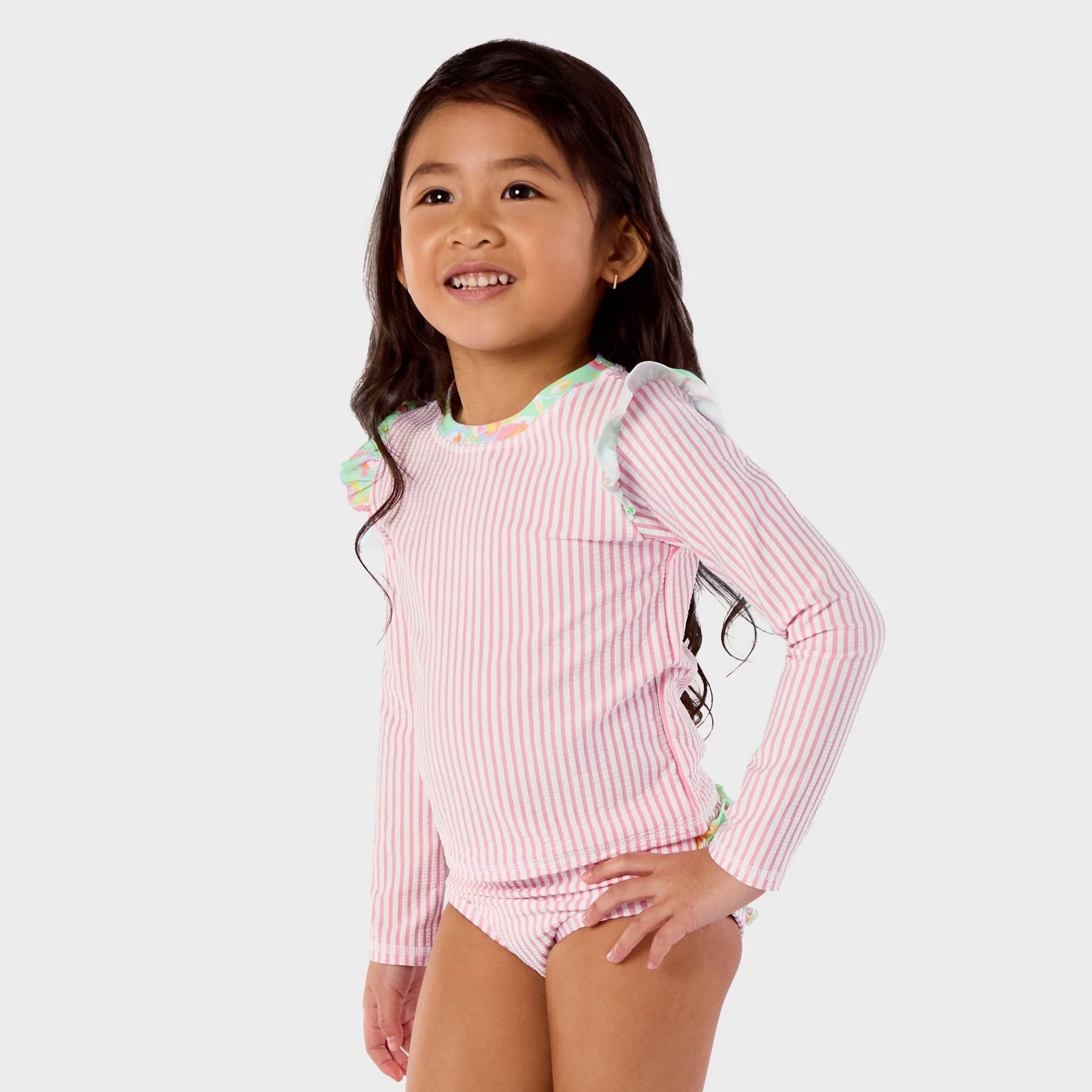 RuffleButts Toddler Girls' Seersucker Long Sleeve 2pc Rash Guard Set - Pink