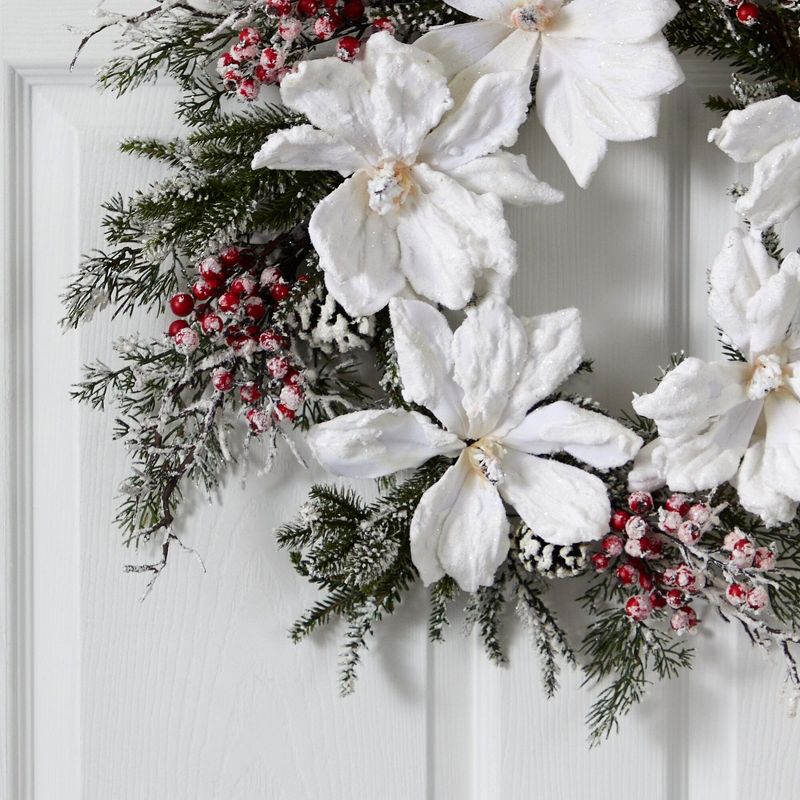Nearly Natural 22” Snowed Magnolia & Berry Wreath, 2 of 4