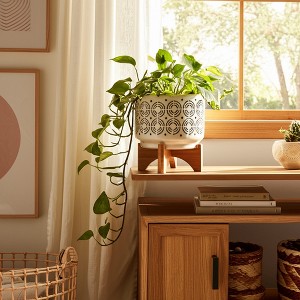 Sagebrook Home 8"H 7" Diameter Ivory and Gray Swirl Pattern Ceramic Planter on Bamboo Wood Stand for Living Room, Dining Room, or Patio - 1 of 4