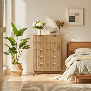 Rustic 5-Drawer Dresser – MDF Board Chest with Wave Pattern, Natural Oak Wood Grain & Beveled Edges, Vintage Bedroom Furniture - 1 of 4