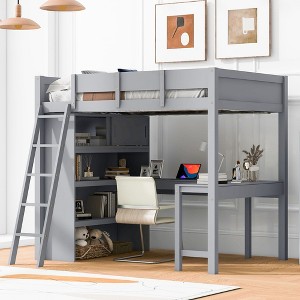 PAGED Full Size Loft Bed, Wooden Bed Frame with Wardrobes, Drawers, Lockers, Storage Stairs and Guardrail, Modern Bunk Bed for Kids, Adults - 1 of 4