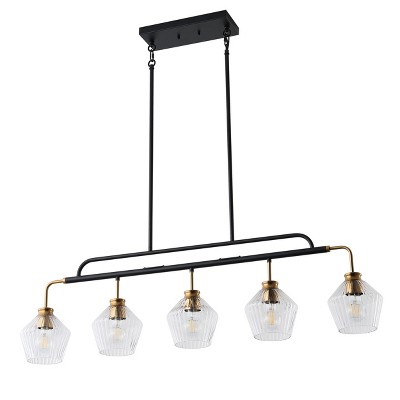 Dewdrop 5-Light Kitchen Island Light, Modern Black and Gold Linear Chandelier with Clear Ribbed Glass Shades