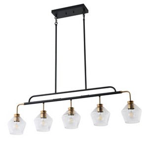 Dewdrop 5-Light Kitchen Island Light, Modern Black and Gold Linear Chandelier with Clear Ribbed Glass Shades - 1 of 4
