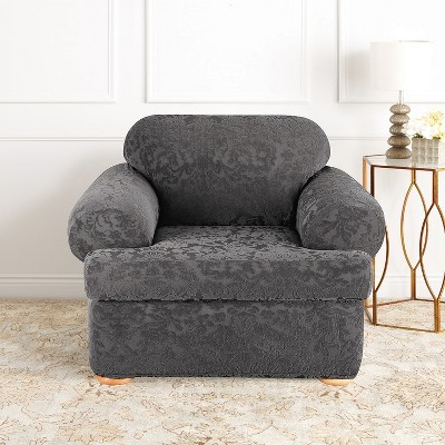 Gray Stretch Jacquard Damask T-Cushion Chair Slipcover