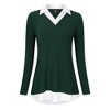 Clearlove Women's Long Sleeve V Neck Contrast Collar Shirt A-line Pleated Office Tunic - 2 of 4
