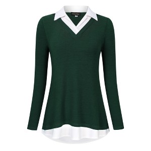 Clearlove Women's Long Sleeve V Neck Contrast Collar Shirt A-line Pleated Office Tunic - 1 of 4