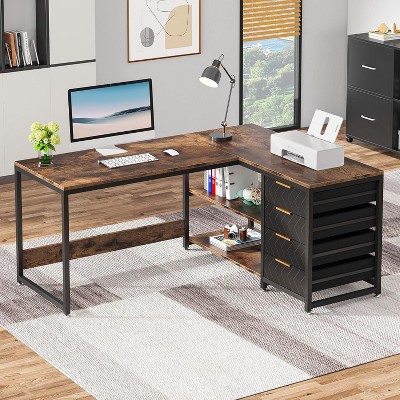 PAGED L-Shaped Computer Desk, Reversible Corner Office Desk with Drawers and Storage Shelves for Living Room
