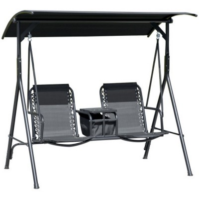 Syemin Patio Swings Patio Swing Chair, Outdoor Canopy Swing Glider with Pivot Storage Table, Cup Holder, Adjustable Shade, Black, 69.3"*45.8"*64.5"