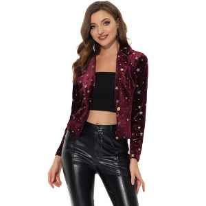 INSPIRE CHIC Women's Metallic Stars Printed Velvet 1 Button Business Office Crop Jacket - 1 of 4