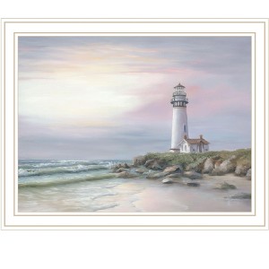 HomeRoots Lighthouse at Sunset White Framed Print Wall Art - 1 of 4