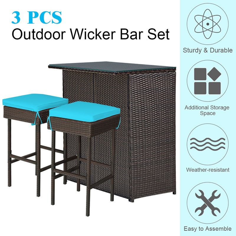 Costway 3PCS Patio Rattan Wicker Bar Table Stools Dining Set Cushioned Chairs Turquoise, 5 of 11