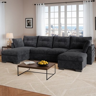 XIZZI 4-Piece Chenille Sofa Set with Large Chaise & Ottoman - Modern Sectional Sofa in White/Beige/Gray/Black, with Round/Square/Sloped Armrest