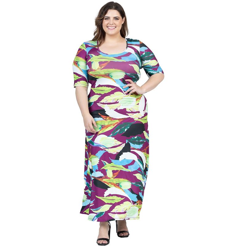 24seven Comfort Apparel Plus Size Multicolor Floral Print Elbow Sleeve Casual A Line Maxi Dress, 4 of 7