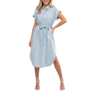 August Sky Women's Front Button Up Stripe Belted Shirt Dress