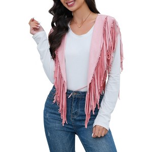 Clearlove Womens Fringe 70s Hippie Costume Sleeveless Cowgirl Western Faux Suede Tassel Leather Outerwear Shawl - 1 of 4