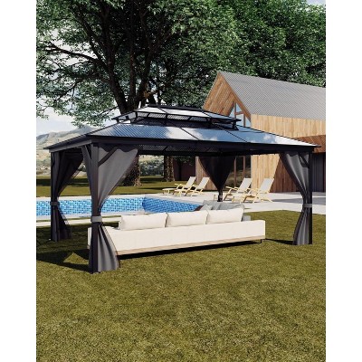 10x12 FT Outdoor Hardtop Gazebo, Permanent Pavilion with Polycarbonate Double Roof, Durable Aluminum Frame, Netting & Curtains, Ideal for Backyard