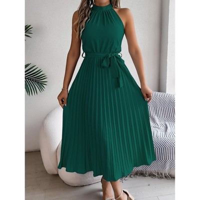 Women Summer Sleeveless Midi Dresses Casual Pleated Mock Neck Midi Dresses With Belt A Line Flowing Dress