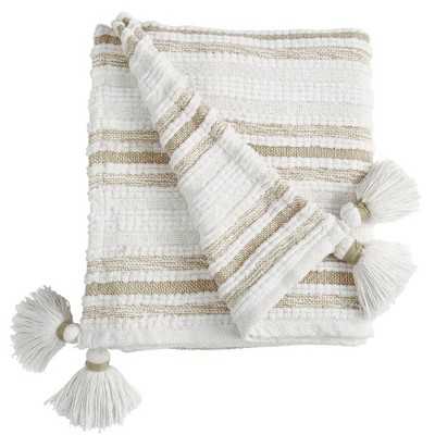 50"x60" Woven Striped Throw Blanket with Corner Tassels Tan - Patina Vie