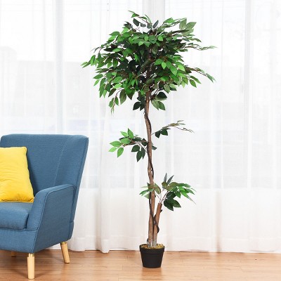 Tangkula Artificial Ficus Silk Tree Wood Trunks Green 5.5 Feet Holiday Decoration