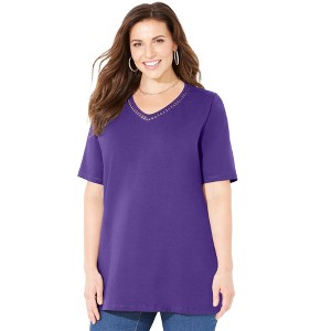 Catherines Women's Plus Size Suprema Crochet V-Neck Tee - 1 of 4