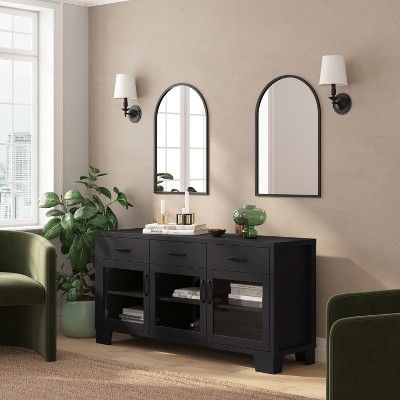 Black Engineered Wood Buffet Sideboard with Glass Doors and Drawers