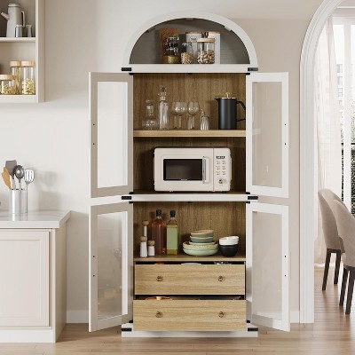 Arched Pantry Cabinet with Doors 71.4in Tall Wood Bookcase with 2 Drawers Farmhouse Kitchen Cupboard Modern Display Storage Cabinet