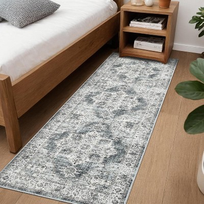 Hallway Runner Rug - Washable Vintage Low Pile Non-Slip Kitchen & Bathroom Carpet Mat for Entryway, Laundry Retro Accent