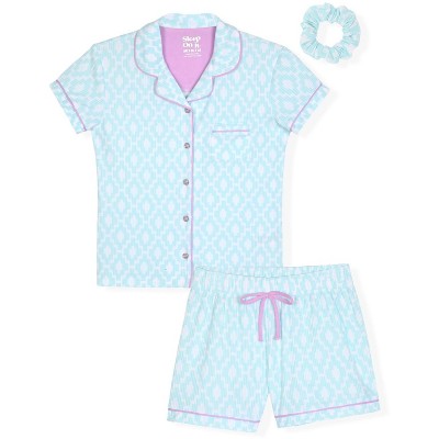 Sleep On It Girls 2-Piece Short-Sleeve Button Down Collared Coat Pajama Set with Matching Scrunchie