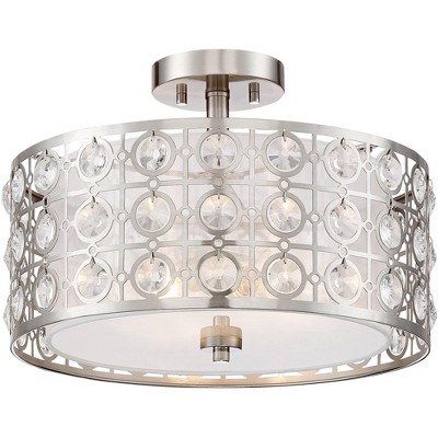 Possini Euro Design Modern Ceiling Light Semi Flush Mount Fixture Brushed Nickel 16" Wide Crystal Organza Drum for Bedroom Kitchen