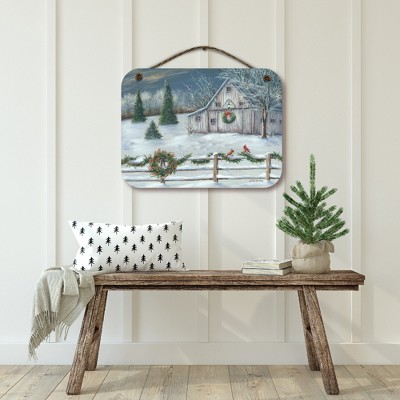 White Christmas Barn Scene 12x16 Hanging Artboard with Twine