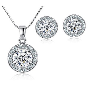 Hollywood Sensation White Gold Cubic Zirconia Necklace Set with Cubic Zirconia Halo Earring Settings 18 Inche Silver - 1 of 3