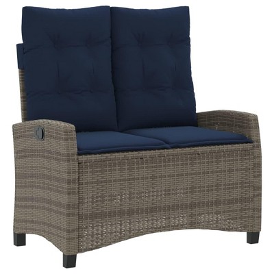 vidaXL Reclining Patio Bench with Cushions, Adjustable Backrest, Gray Poly Rattan, Navy Blue Cushions, Outdoor/Patio/Garden Seat, Steel Frame