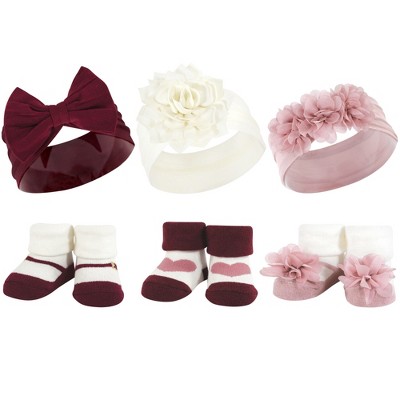 Hudson Baby Infant Girl Headband and Socks Giftset, Burgundy Blush, One Size