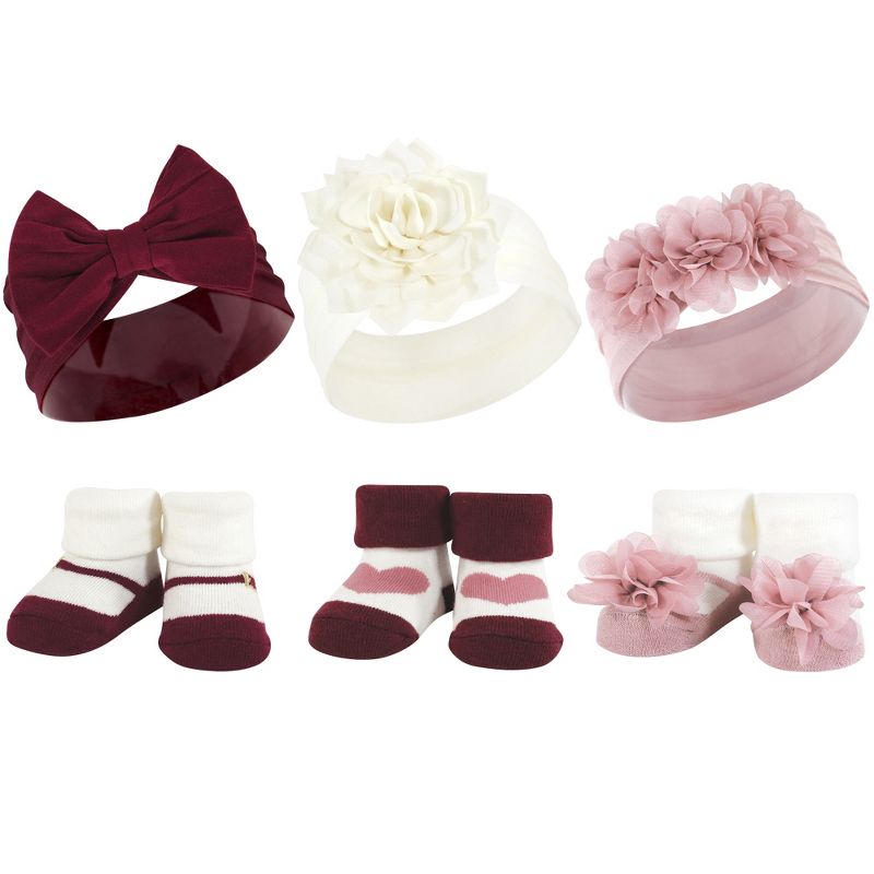 Hudson Baby Infant Girl 12Pc Headband and Socks Giftset, Burgundy Blush, One Size, 2 of 3