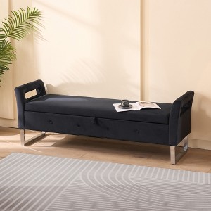 Vynxaria 67.91"Wide Velvet Storage Soft Bench with Armrests  for Living Room, Entryway and Bedroom. Black - 1 of 4